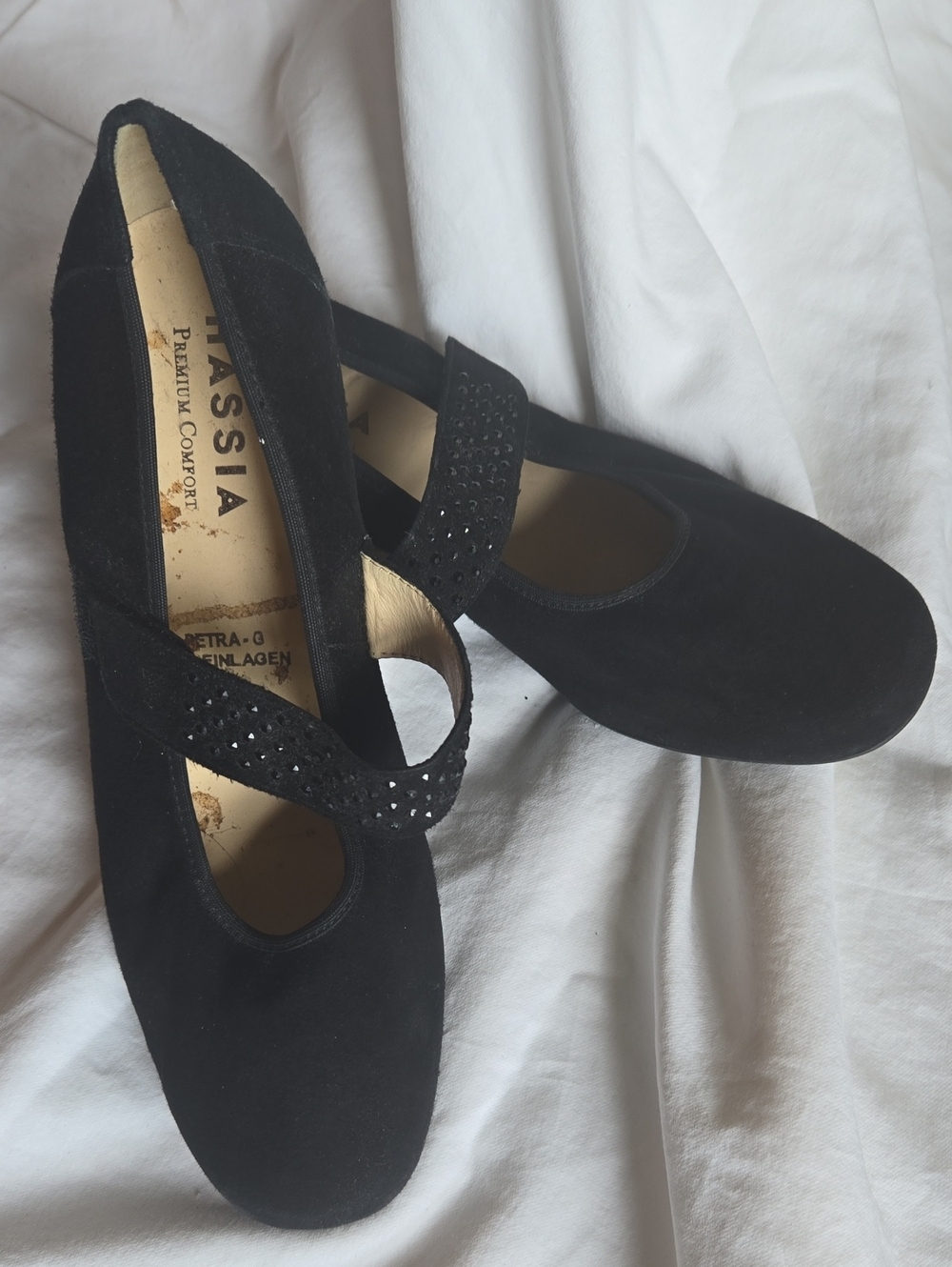 Hassia Petra Black Suede Mary Jane Flats with Rhinestone Strap
